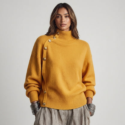 Susana - Maglione a Collo Alto Chic Elegante con Bottonatura Asimmetrica