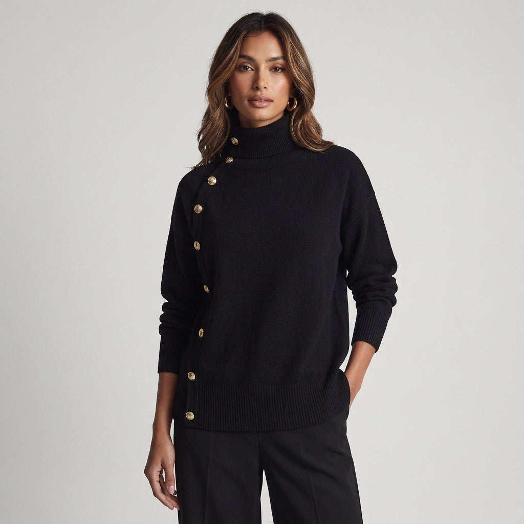 Susana - Maglione a Collo Alto Chic Elegante con Bottonatura Asimmetrica