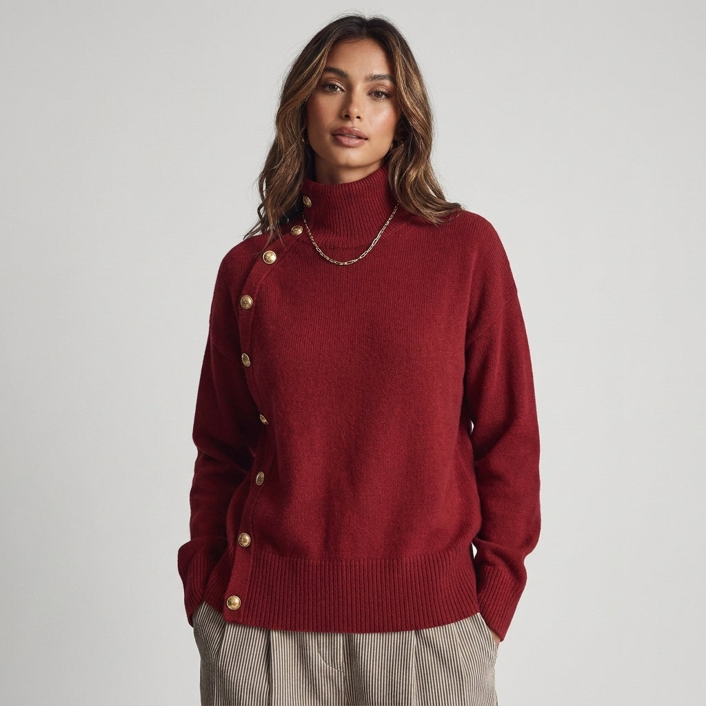 Susana - Maglione a Collo Alto Chic Elegante con Bottonatura Asimmetrica