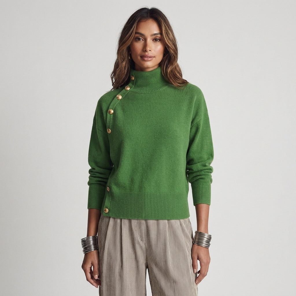 Susana - Maglione a Collo Alto Chic Elegante con Bottonatura Asimmetrica