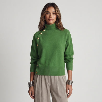 Susana - Maglione a Collo Alto Chic Elegante con Bottonatura Asimmetrica