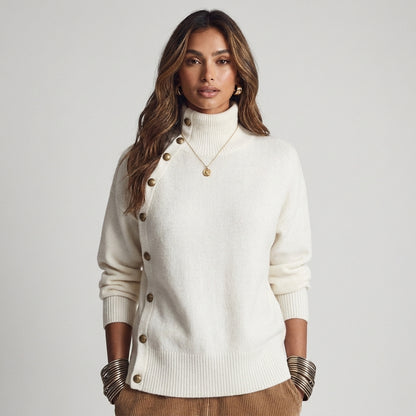 Susana - Maglione a Collo Alto Chic Elegante con Bottonatura Asimmetrica