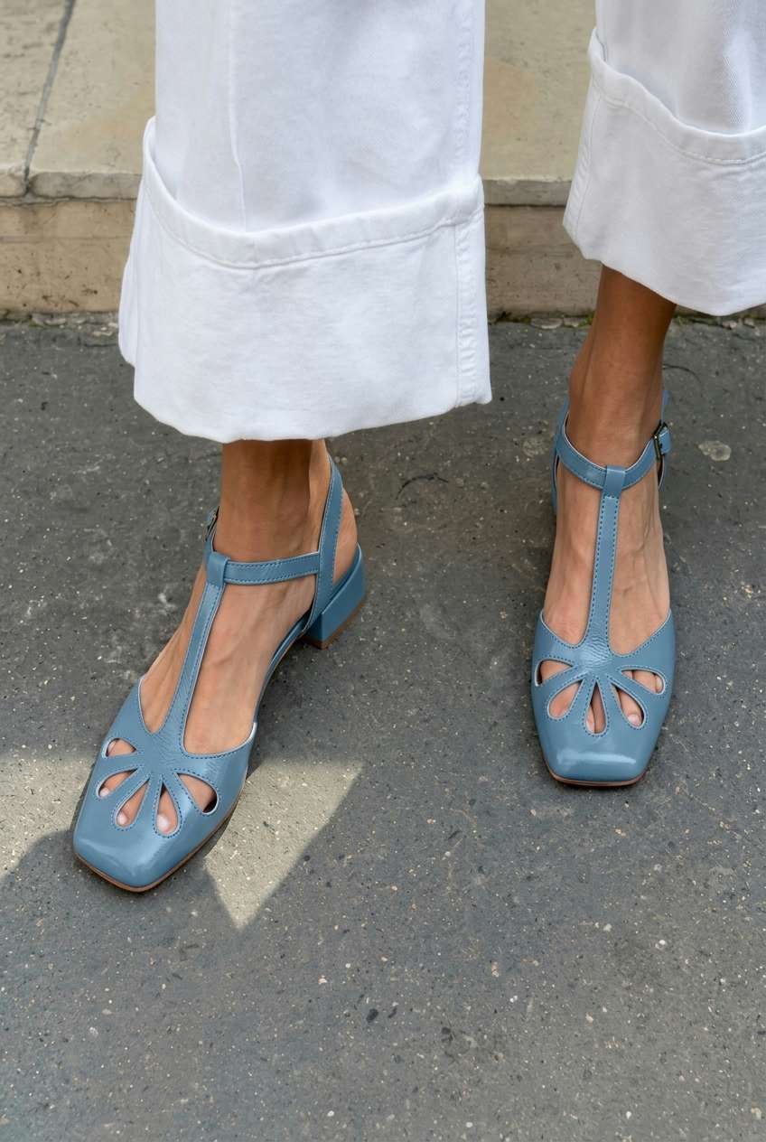 Tacones de bloque naranjas con tira en T, punta cuadrada y cut-out floral