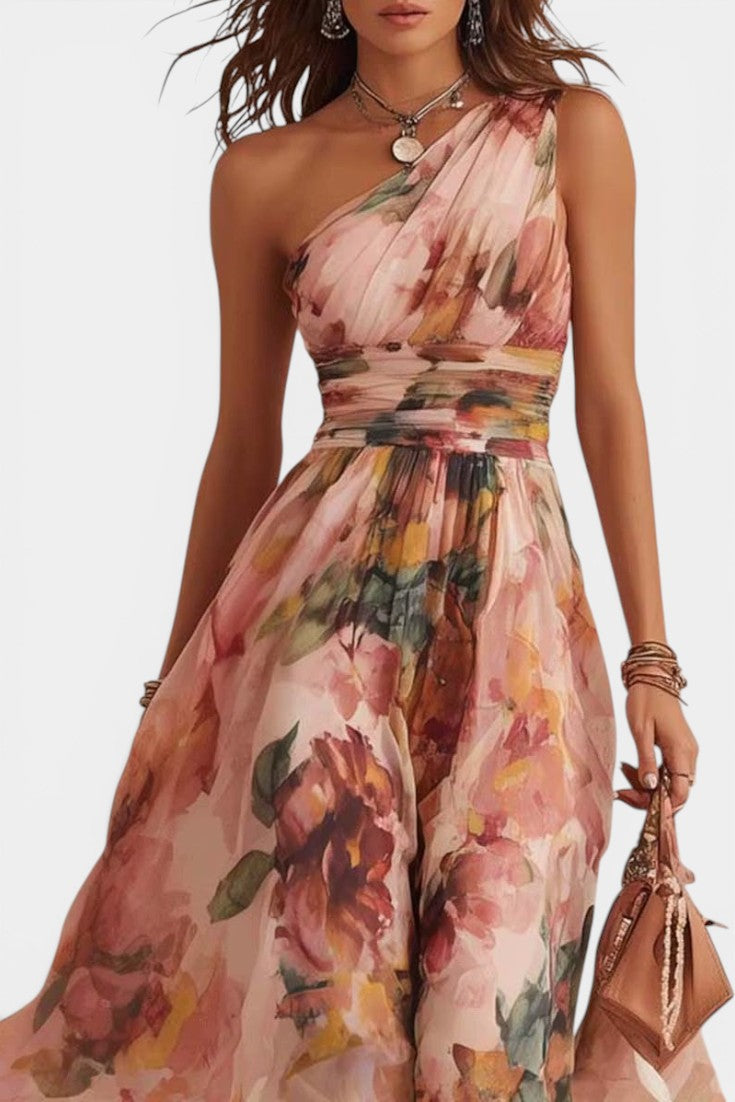 Flora - Vestido maxi floral de un hombro