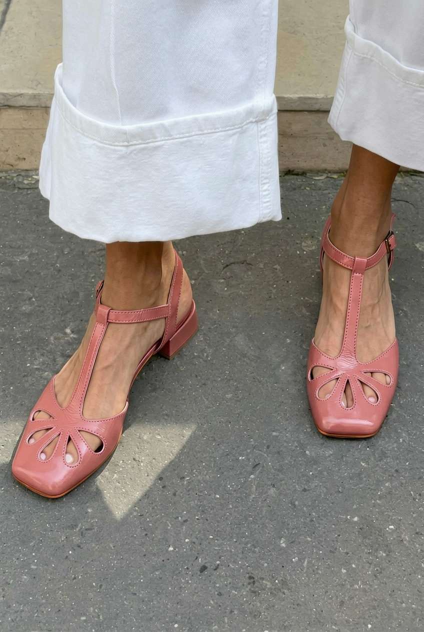 Tacones de bloque naranjas con tira en T, punta cuadrada y cut-out floral