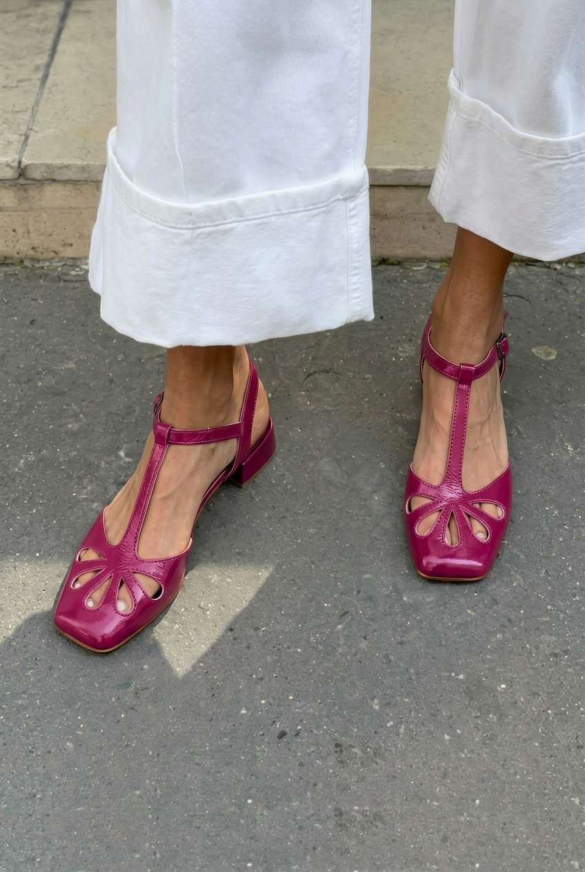 Tacones de bloque naranjas con tira en T, punta cuadrada y cut-out floral