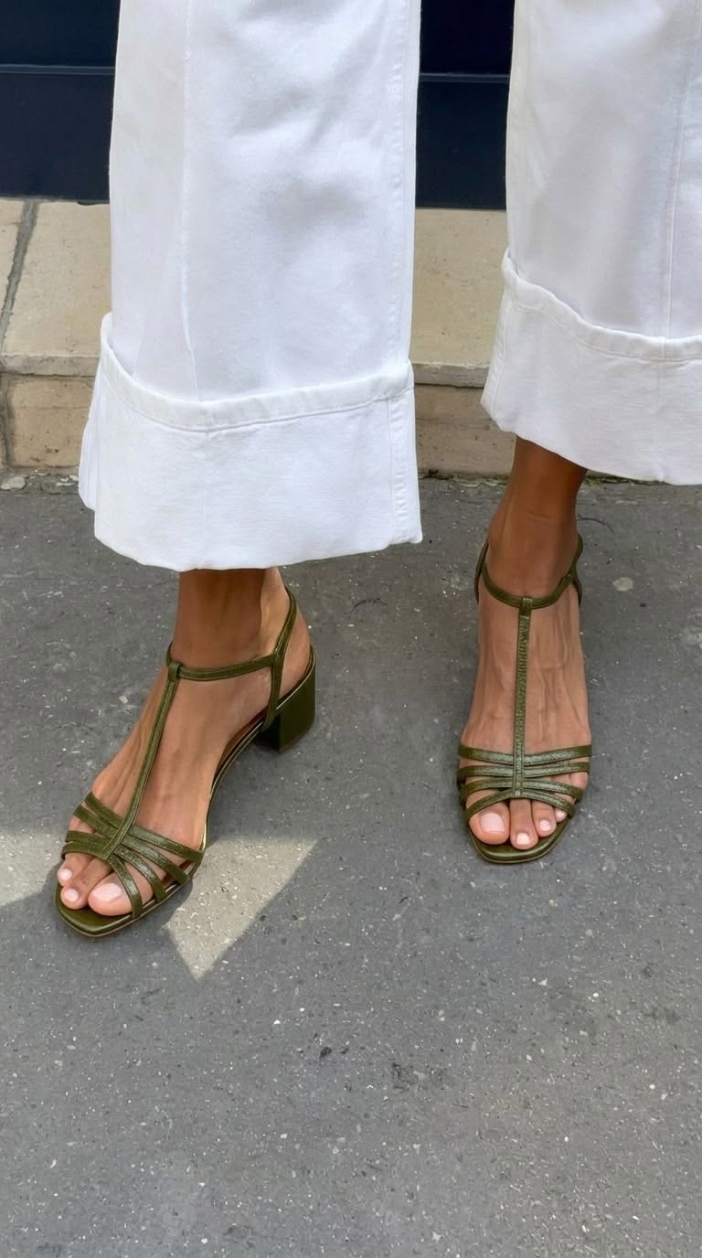 Sandalias metalizadas con tira en T, hebilla y tacón alto