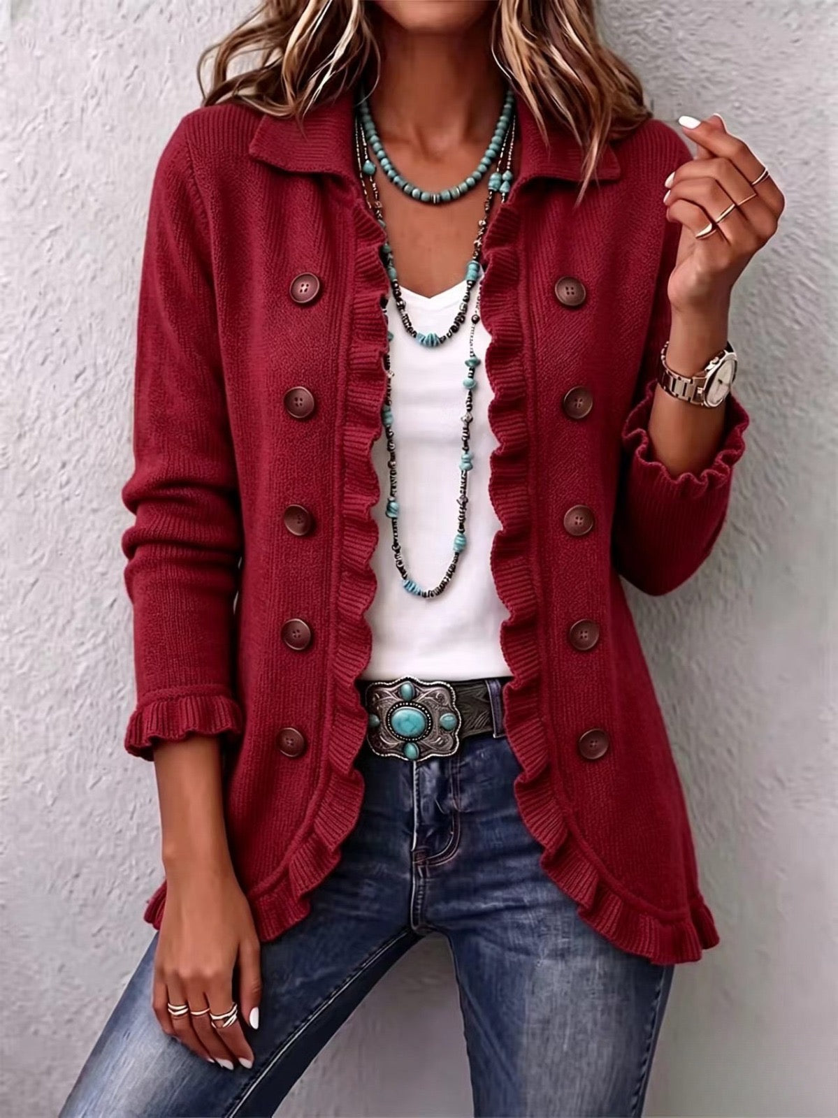 Marta | Chaqueta de Punto Acanalado Rojo Rubí con Volantes