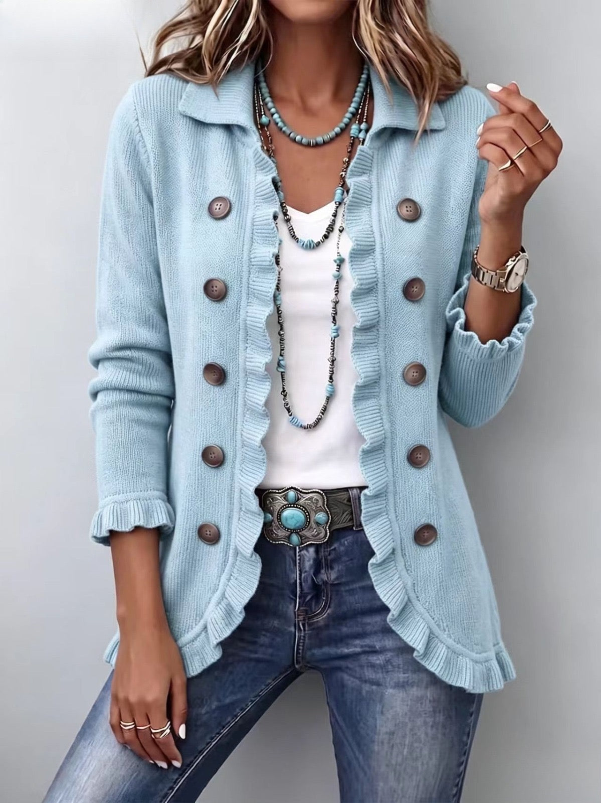 Pilar | Chaqueta de Punto Acanalado Azul Empolvado con Volantes