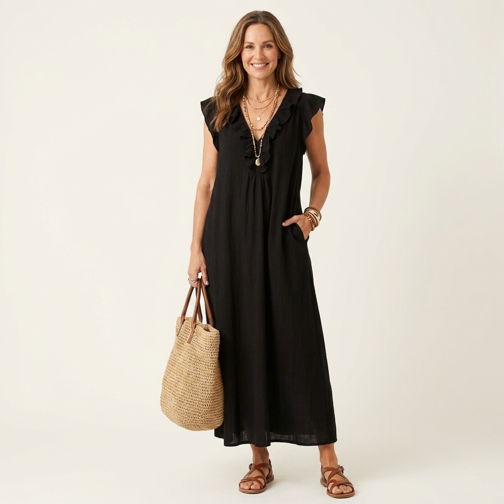 Mafalda | Vestito Maxi con Volant e Scollo a V