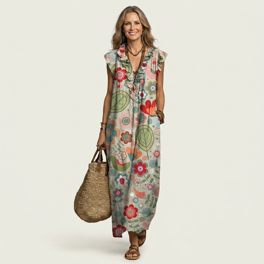 Bruna | Vestido Maxi con Volantes y Escote en V