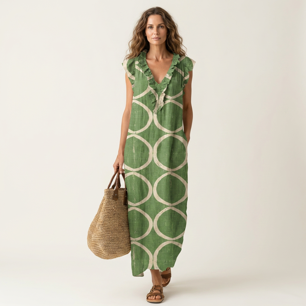 Nunzia | Vestito Maxi con Volant e Scollo a V