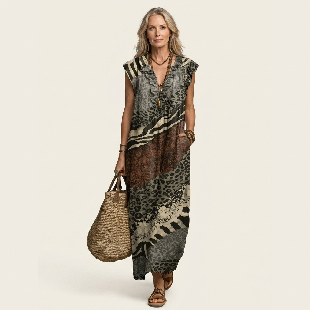 Assunta | Vestito Maxi con Volant e Scollo a V
