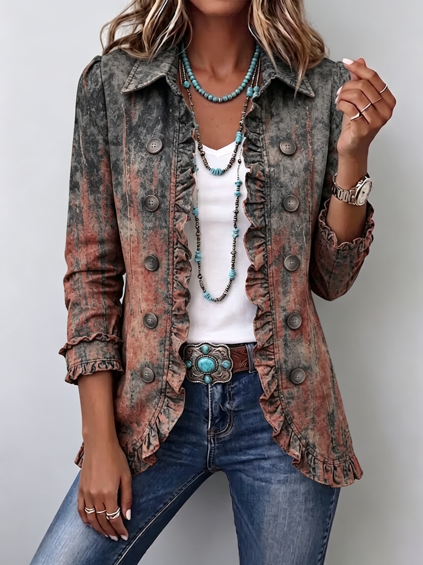 Laura | Chaqueta Vintage Degradada Texturizada con Volantes