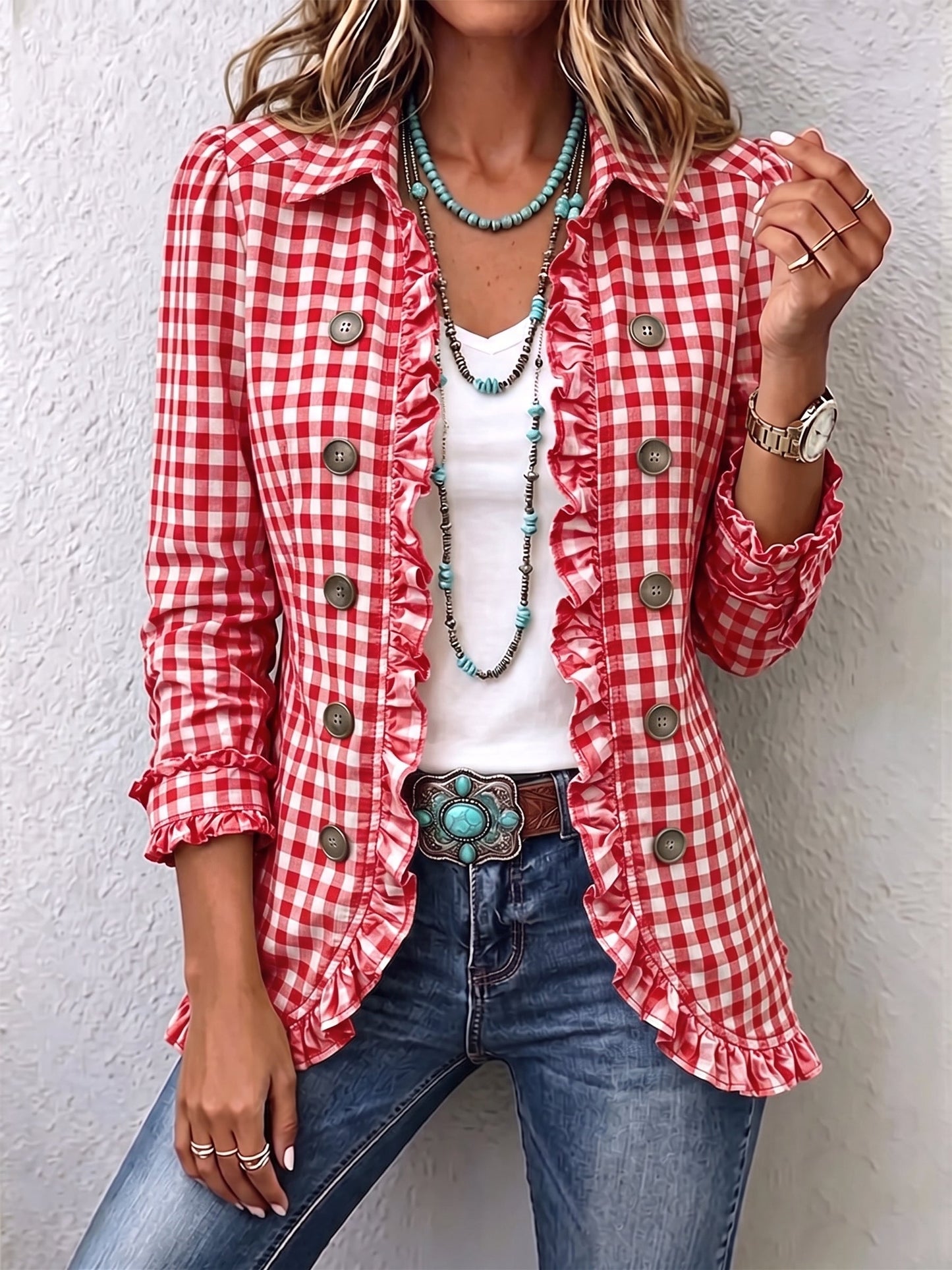 Julia | Chaqueta de Cuadros Vichy con Volantes y Botones