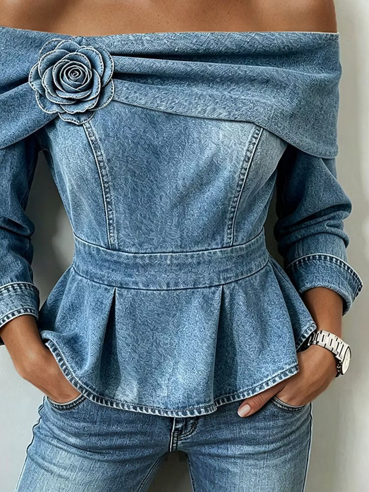Teresa - Top Peplum Chic Vaquero de Hombros Descubiertos