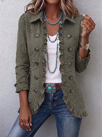 Andrea | Chaqueta Boho-Chic con Bordado Floral y Acabados Fruncidos