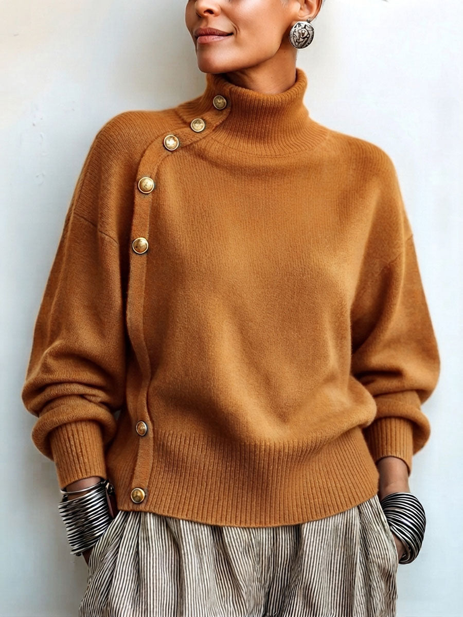 Susana - Jersey de Cuello Alto Chic Elegante con Botonadura Asimétrica