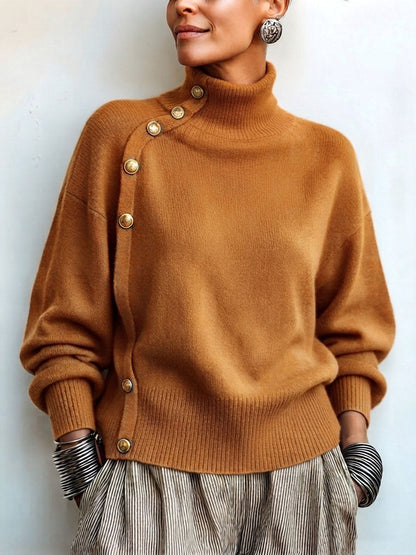 Susana - Jersey de Cuello Alto Chic Elegante con Botonadura Asimétrica