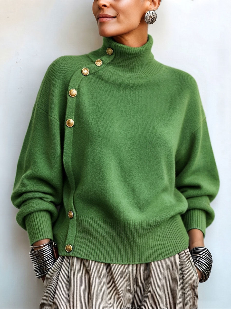 Susana - Jersey de Cuello Alto Chic Elegante con Botonadura Asimétrica