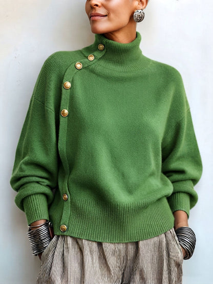 Susana - Jersey de Cuello Alto Chic Elegante con Botonadura Asimétrica