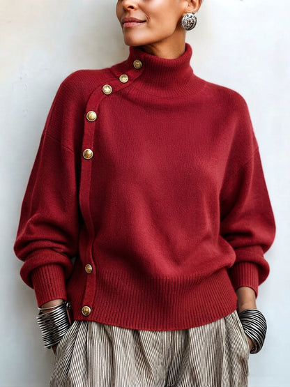 Susana - Jersey de Cuello Alto Chic Elegante con Botonadura Asimétrica