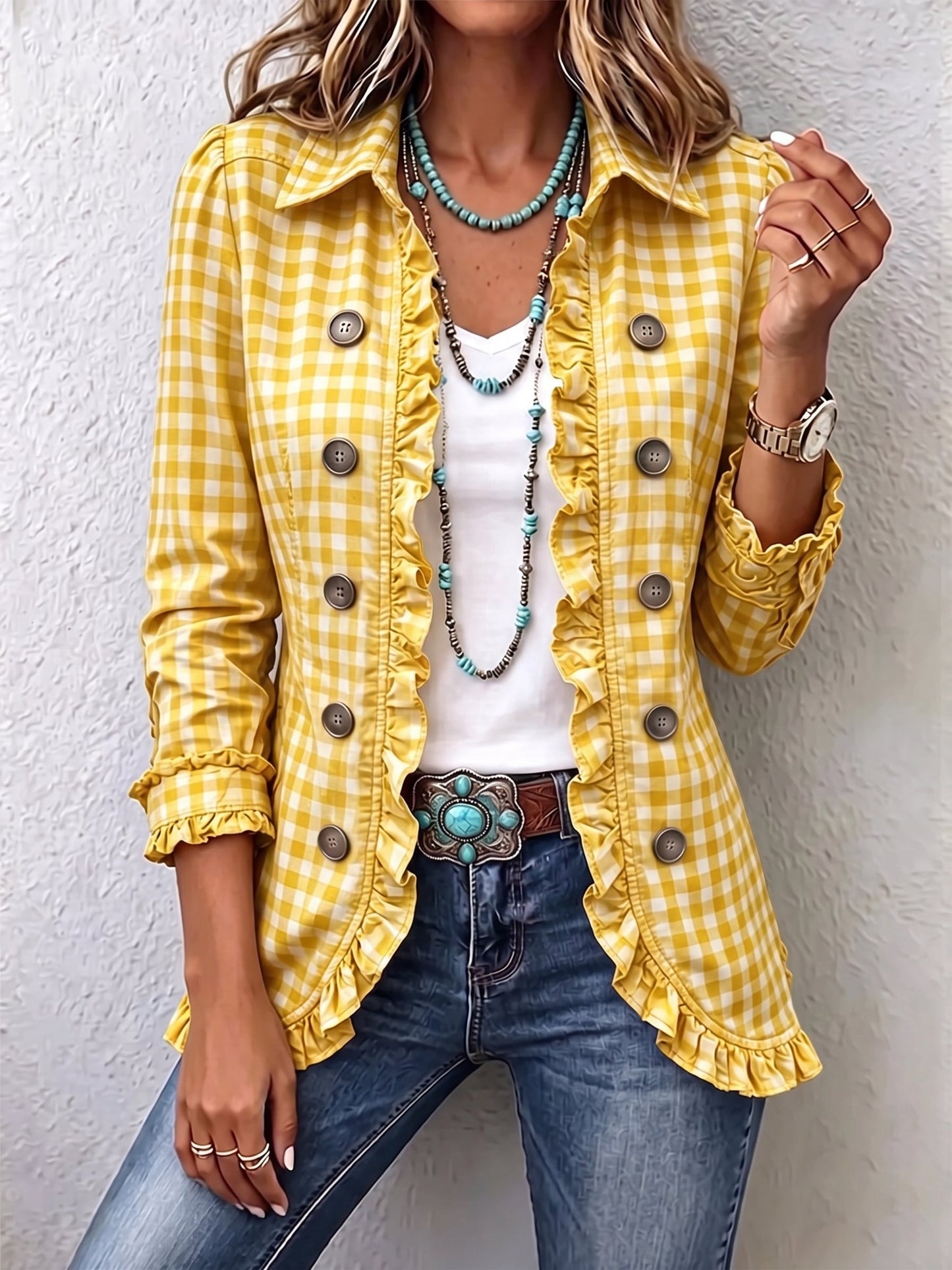 Julia | Chaqueta de Cuadros Vichy con Volantes y Botones