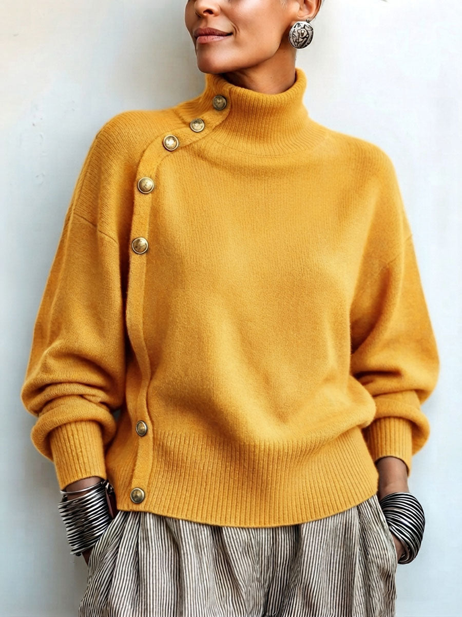 Susana - Jersey de Cuello Alto Chic Elegante con Botonadura Asimétrica
