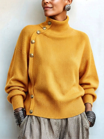 Susana - Jersey de Cuello Alto Chic Elegante con Botonadura Asimétrica
