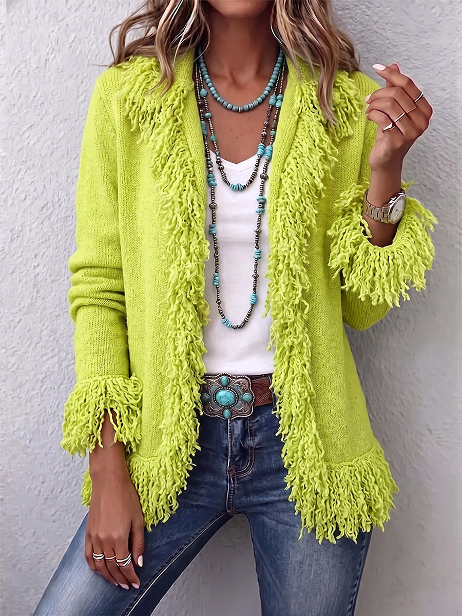 Verónica - Cárdigan Boho de Flecos Verde Chartreuse Vibrante