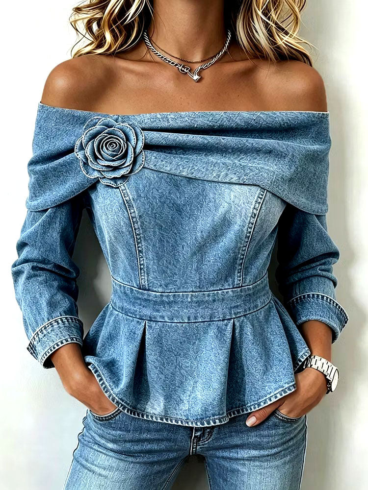 Teresa - Top Peplum Chic Vaquero de Hombros Descubiertos