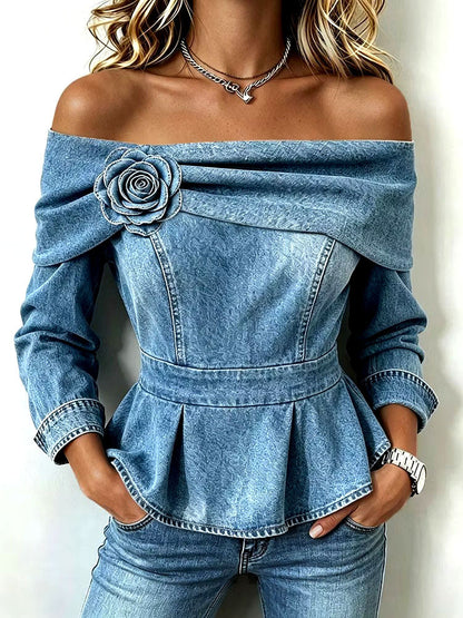 Teresa - Top Peplum Chic Vaquero de Hombros Descubiertos