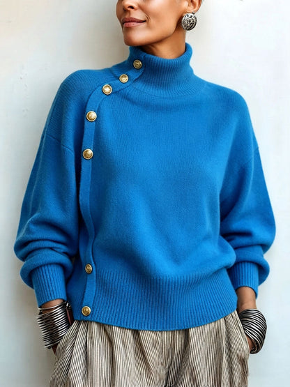 Susana - Jersey de Cuello Alto Chic Elegante con Botonadura Asimétrica
