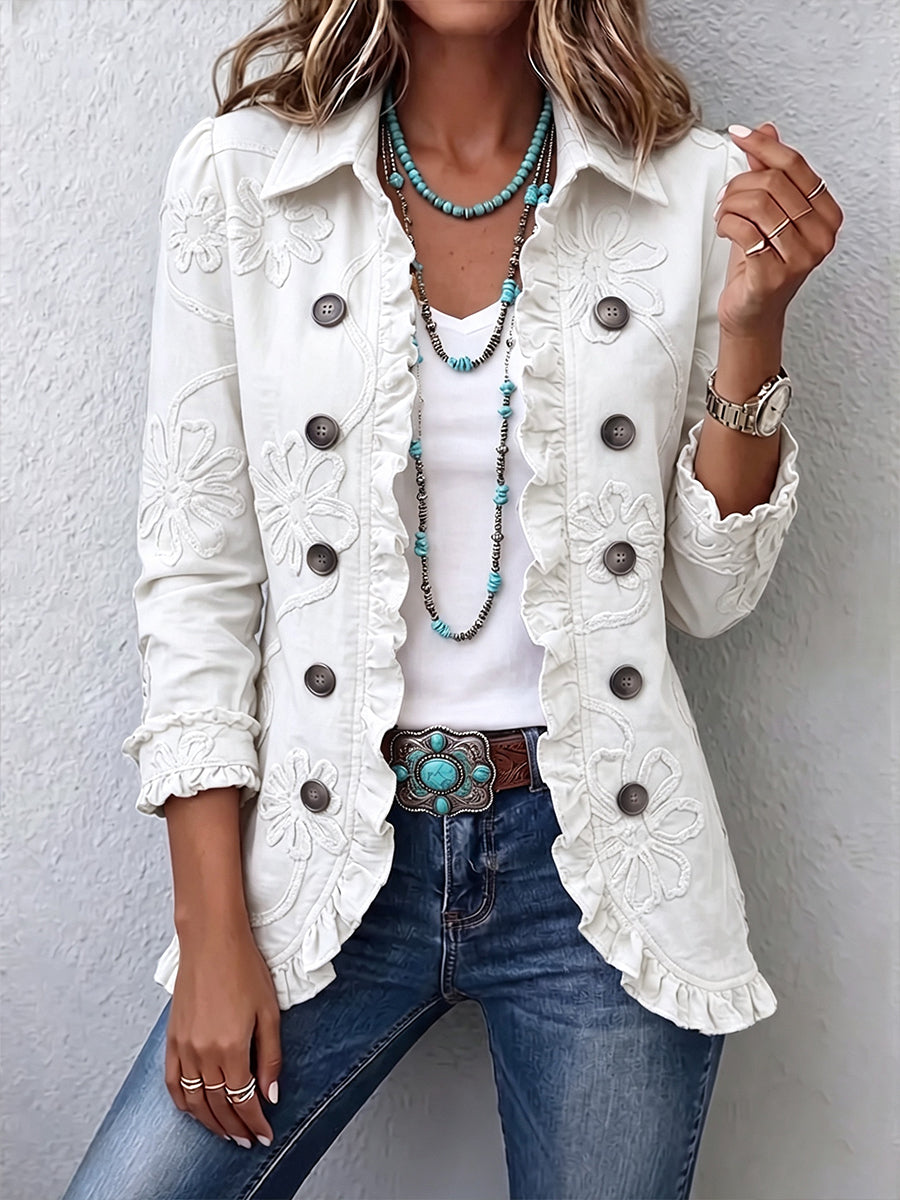 Alba | Chaqueta Boho-Chic Bordado Floral Marfil con Acabados Fruncidos