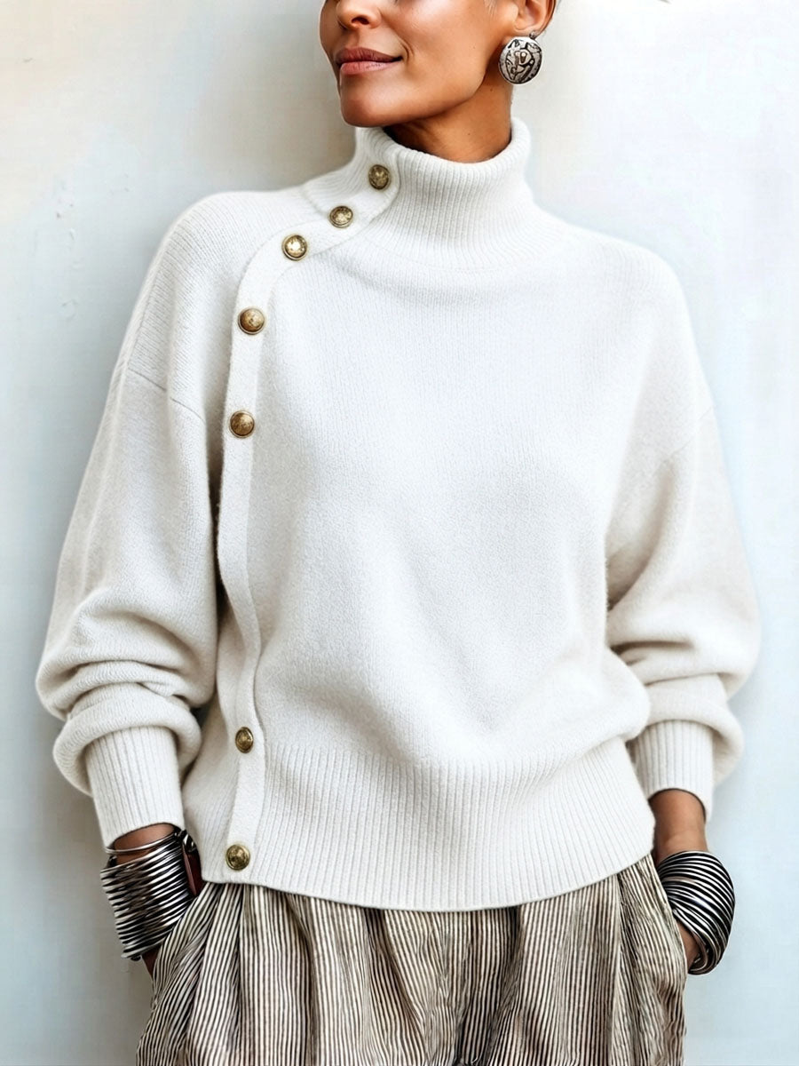 Susana - Jersey de Cuello Alto Chic Elegante con Botonadura Asimétrica