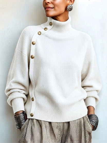 Susana - Jersey de Cuello Alto Chic Elegante con Botonadura Asimétrica