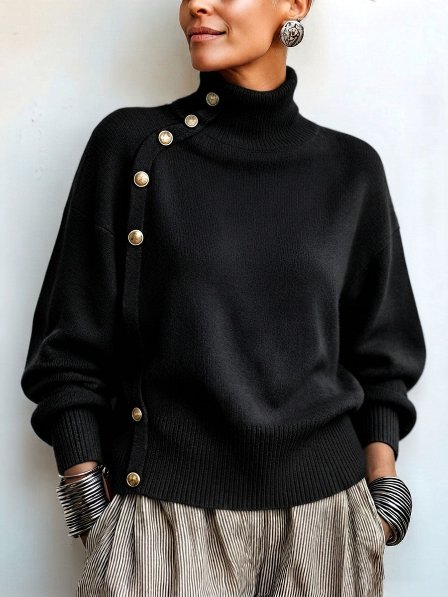 Susana - Jersey de Cuello Alto Chic Elegante con Botonadura Asimétrica