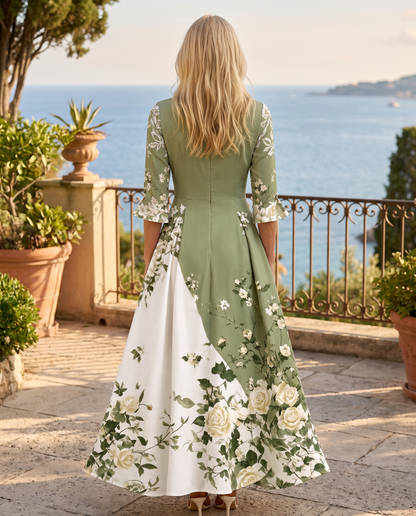 Rosalía - Vestido midi verde con panel floral