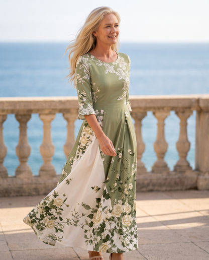 Rosalía - Vestido midi verde con panel floral