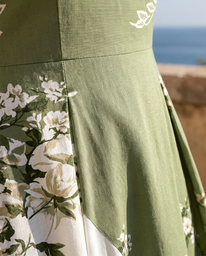 Rosalía - Vestido midi verde con panel floral