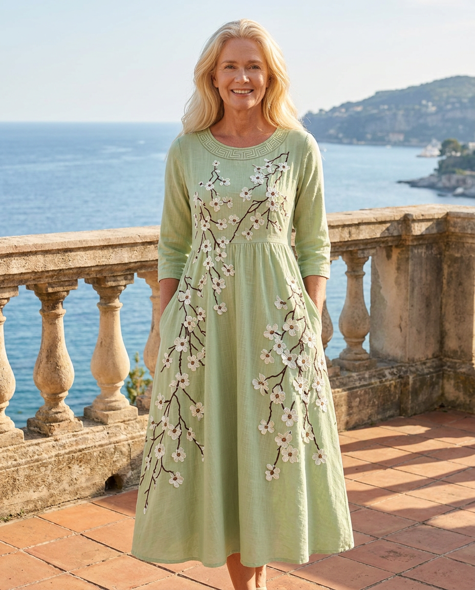 Aurora - Vestido midi verde con flores bordadas