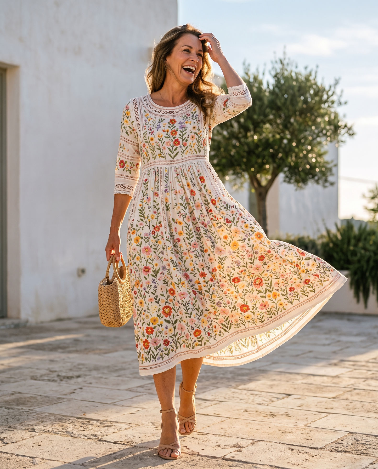 Julia - Vestido midi floral con detalle crochet